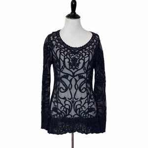 Capri Black Lace Overlay Sheer embroidery blouse -Size Small